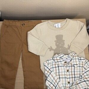 NWOT 3 Piece Tommy Bahamas Boys Pullover/ Shirt/Jogger 9-12Mo Tan Snowman Plaid